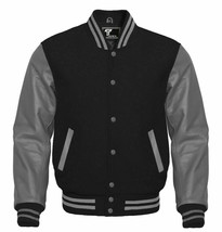 Mens Letterman Varsity Bomber Baseball Jacket Black Wool &amp; Gray Leather ... - $95.00+