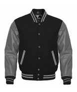 Mens Letterman Varsity Bomber Baseball Jacket Black Wool &amp; Gray Leather ... - £74.64 GBP+
