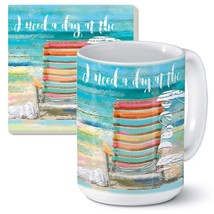 I Need a Day at The Beach Ceramic 11 oz Coffee Mug Stone Coaster Gift Set - £19.36 GBP