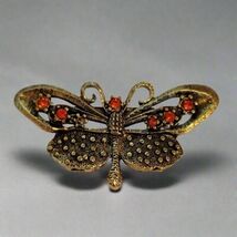 Vintage Gold Tone Butterfly Brooch with Orange Rhinestones - $4.95