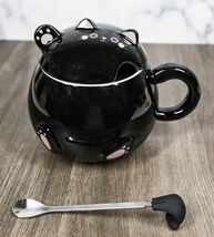 Whimsical Black Chubby Feline Kitty Cat Cup Mug With Lid And Stirring Spoon - $18.99