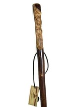 Dark Wood Walking Stick with Wood Spirit Carving + Leather Strap and Rub... - £68.08 GBP