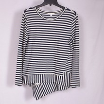 CAbi Navy Blue and White Striped Asymmetrical Hem Long Sleeve Shirt Size Small - £9.82 GBP