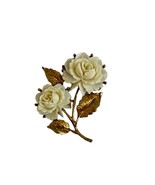 Vintage Brooch Pin  Two White Rose Flower With Gold Leaves Stem C Clasp ... - $29.40