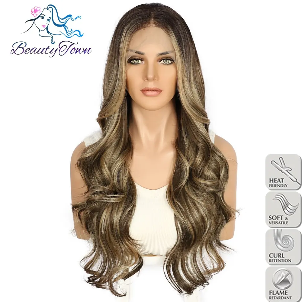 Brown 13x4 Synthetic Lace Front Wig Highlight Swiss Transparent Lace Front W - £33.51 GBP