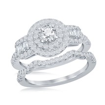 Silver Round Double Halo Baguette CZ Side Stones Engagement Ring Set - £41.76 GBP