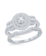 Silver Round Double Halo Baguette CZ Side Stones Engagement Ring Set - £41.15 GBP