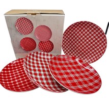 Set 4 Pier 1 Humbolt Red Plaid Salad Dessert Plates Box Christmas 8.5&quot; - £21.69 GBP