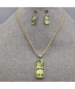 Rosa Flores Necklace Earring Set Dangle Pierced Ear Holographic Green Pe... - $464.71 MXN