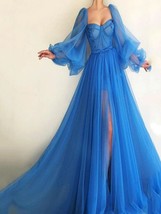 Simple Blue Prom Dresses Long Puff Sleeves Exposed Boning Illusion Evening Dress - £109.08 GBP