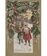 Vintage Postcard Christmas Children Carry Tree in Snow 1909 Gold Border ... - £8.55 GBP