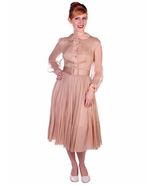 VTG 50s Silk Chiffon Cocktail Dress S Beige Pleated Bodice Belted NWT S - $320.71
