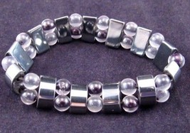 Stretch Bracelet W/ Black Crescent And Clear Round Beads On Double Strand - $8.90