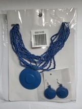 Necklace With Matching Earrings Chunky Wood Pendant Blue Tiny Layered Beads Set - $22.06