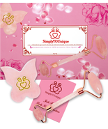 Natural Rose Quartz Jade Roller + Rare Butterfly Gua Sha Facial/Body Set - £14.15 GBP