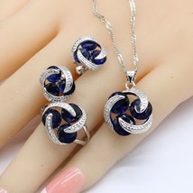 Silver Color Bridal Jewelry Sets For Women Round Dark Blue Crystal Bracelet Stud - £28.15 GBP