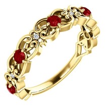 14k Yellow Gold Ruby and Diamond Vintage Design Scroll Ring Size 7 - £758.48 GBP