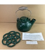 Vintage Green Speckled Enamel Over Cast Iron Tea Pot Kettle w/ Sliding Lid - $68.59 CAD