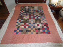 ANTIQUE Machine Stitched COTTON &amp; FLANNEL 9-BLOCK Patchwork QUILT TOP--4... - £39.26 GBP