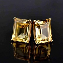14k Yellow Gold Plated 2 Ct Emerald Cut Lab Created Yellow Citrine Stud Earrings - £49.03 GBP