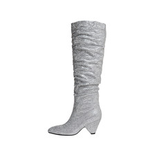 New Crystal Shoes Woman Pointed Toe Over Knee High Boots Sexy Rhinestone Chunky  - £137.28 GBP