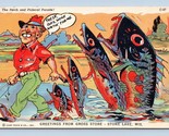 Comic Exaggeration Fish Greetings Gross Store Stone Lake WI Linen Postca... - £8.14 GBP