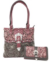 Western Rhinestone Buckle Concealed Carry Floral Womens Tote Handbag/Wallet Set  - £41.93 GBP