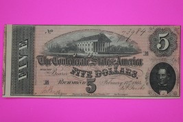 Crisp AU/UNC 1864 Confederate States of America $5 Five Dollars Authenti... - $114.99
