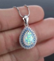 3.00 Ct Pear Cut Fire Opal &amp; Topaz Halo Pendant Necklace Rhodium Plated - £51.71 GBP