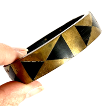 Vintage Black Horn Brass Triangle Inlay Chunky Boho Bangle Bracelet 7.75 in - £47.92 GBP