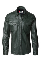 Men’s Perl Snap Button Style Green Sheepskin Soft Leather shirt - $134.99+