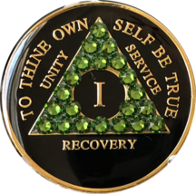 1 Year AA Medallion Fern Green Swarovski Crystal Black Tri-Plate Sobriety Chip - $22.99