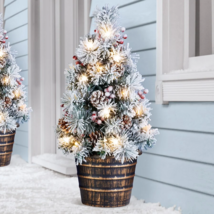 LED Lighted Frosted Christmas Tree Stake w Timer Outdoor Planter Porch D... - $23.49