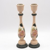 Vintage Wood Handpainted Floral Candlesticks Pair - £27.39 GBP