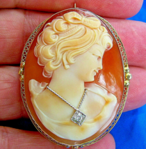 Earth mined Diamond Deco Pendant Antique Victorian 14k Gold Shell Cameo Brooch - $2,194.65 CAD