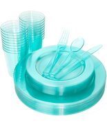25 Guest Green Clear Plastic Dinnerware Set – Plates, Cups & Cutlery 100 PC - $24.95