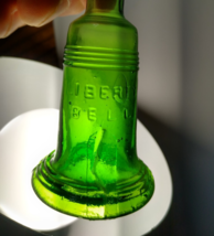Green Carnival Glass Bottle Liberty Bell PA Medicine 1970's Mini 3" Retro - $11.33
