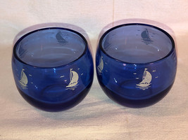 Two Cobalt Blue Ships Roly Poly Glasses 6 Oz Depression Glass - $14.99