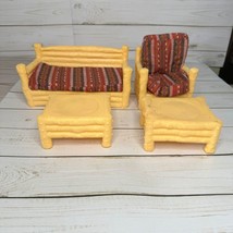 Yellow Log Cabin Living Room Sofa Couch Chair Red Plaid Dollhouse Furniture Set - $18.55