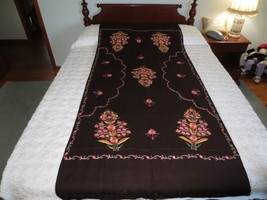Unfinished Handmade Floral Embroidered Brown Cotton Runner Or Shawl - 36&quot; X 80&quot; - £15.72 GBP