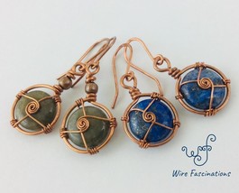 Handmade labradorite or lapis earrings: copper circle frame spiral wire wrapped - £23.18 GBP