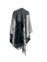 Est 1946 Black Gray Open Front Poncho One Size Check Hounds Tooth Fringe - £14.86 GBP