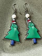 Large Hallmark Green Plastic Smiling Christmas Tree Dangle Earrings for ... - $11.29