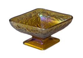 Indiana Carnival Glass Compote Pineapple Diamond & Floral Amber Footed 6" x 3" - $11.88