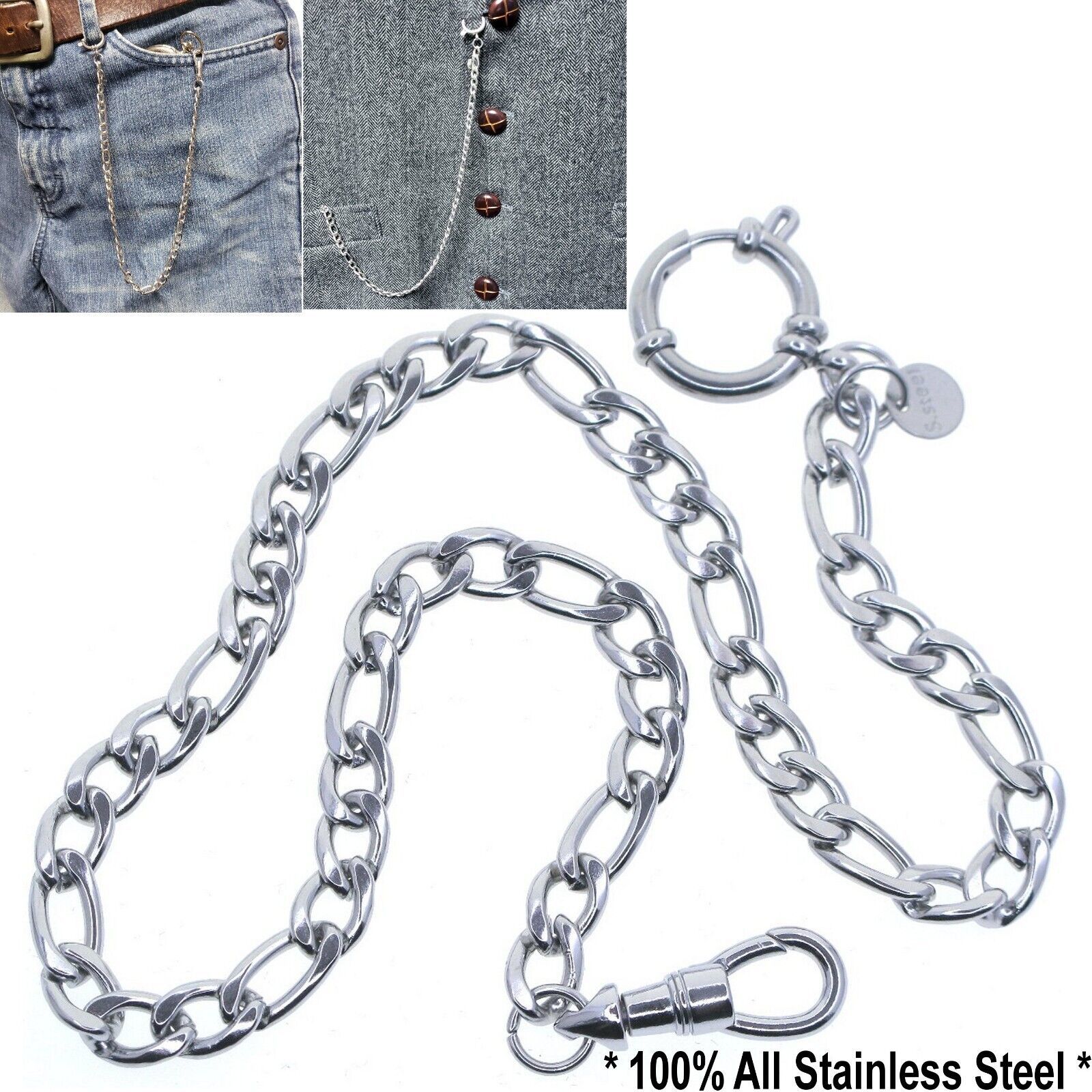 Primary image for Stainless Steel Pocket Watch Chain Albert Chain Figaro Chain Swivel Clasp FCS98