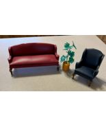 Mini Dollhouse Faux Leather wood Vtg Black Wing Chair Red Couch lot plan... - $43.81