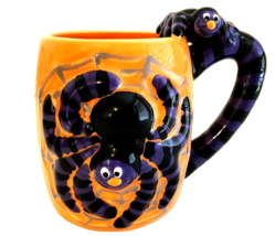 Halloween Mug Orange Ceramic w/Black Embossed Spider &amp; Spider Handle 5&quot;H... - $12.30 CAD