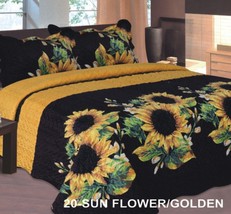 Sunflower Golden Kelly Plush Bedspread Quilted Set 3 Pcs Queen Size - £42.80 GBP