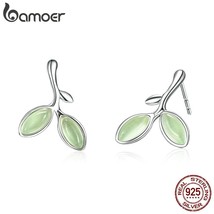 BAMOER Real 925 Silver Hope Leaves Tree Green Buds Small Stud Earrings for Women - £16.80 GBP