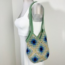 Crochet Granny Square Shoulder Tote Bag Handmade Green Tan Blue - $28.91